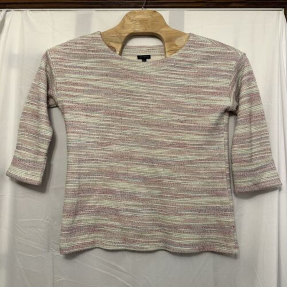 Talbots Knit Pullover Top White Rainbow Textured Cuffed 3/4 Sleeve Size Small‎